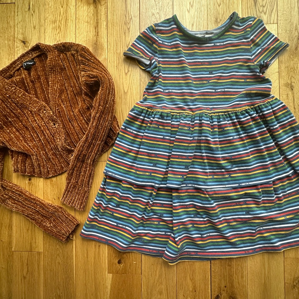Tucker + Tate Rainbow Striped Dress  Rust Chenille Cropped Sweater Outfit